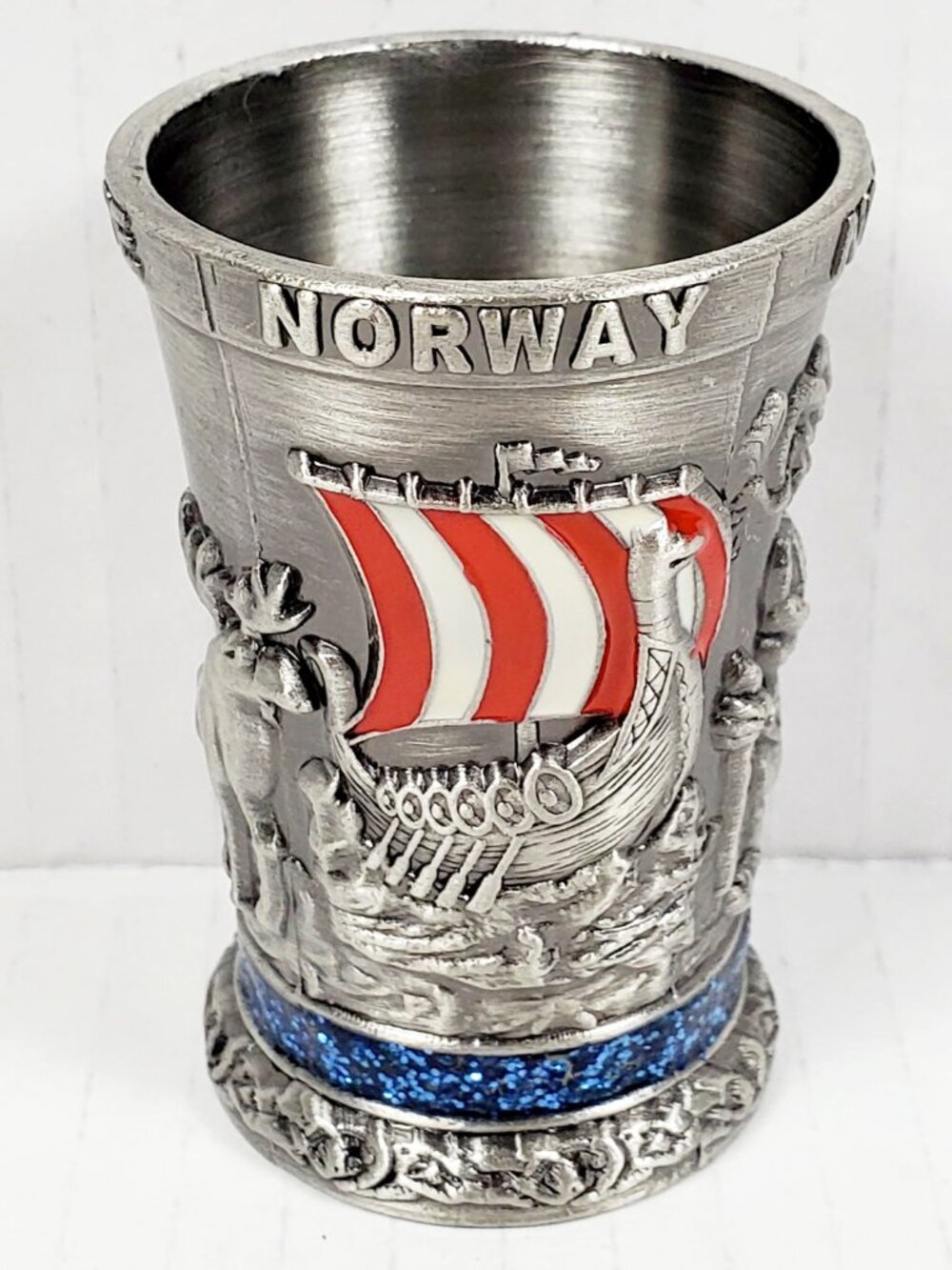 NORWAY Viking 3D Embossed Silver Metal Pewter Style Shot Glass Nordic Norwegian